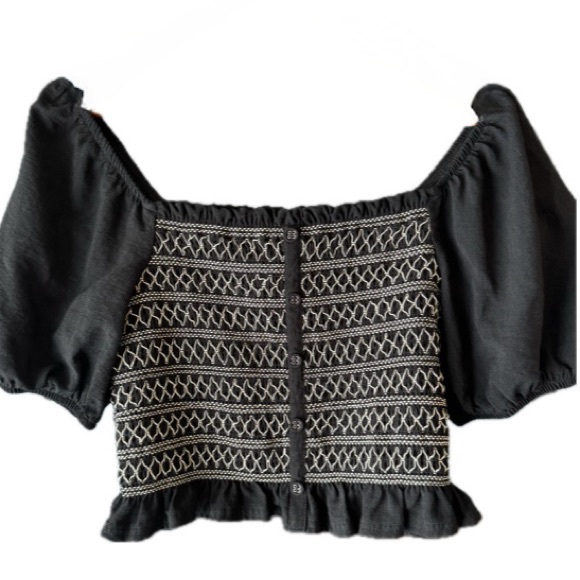 Blue Rain Tops - Blue Rain Smocked Puff Sleeve Crop Top Black Boho Blouse Size L